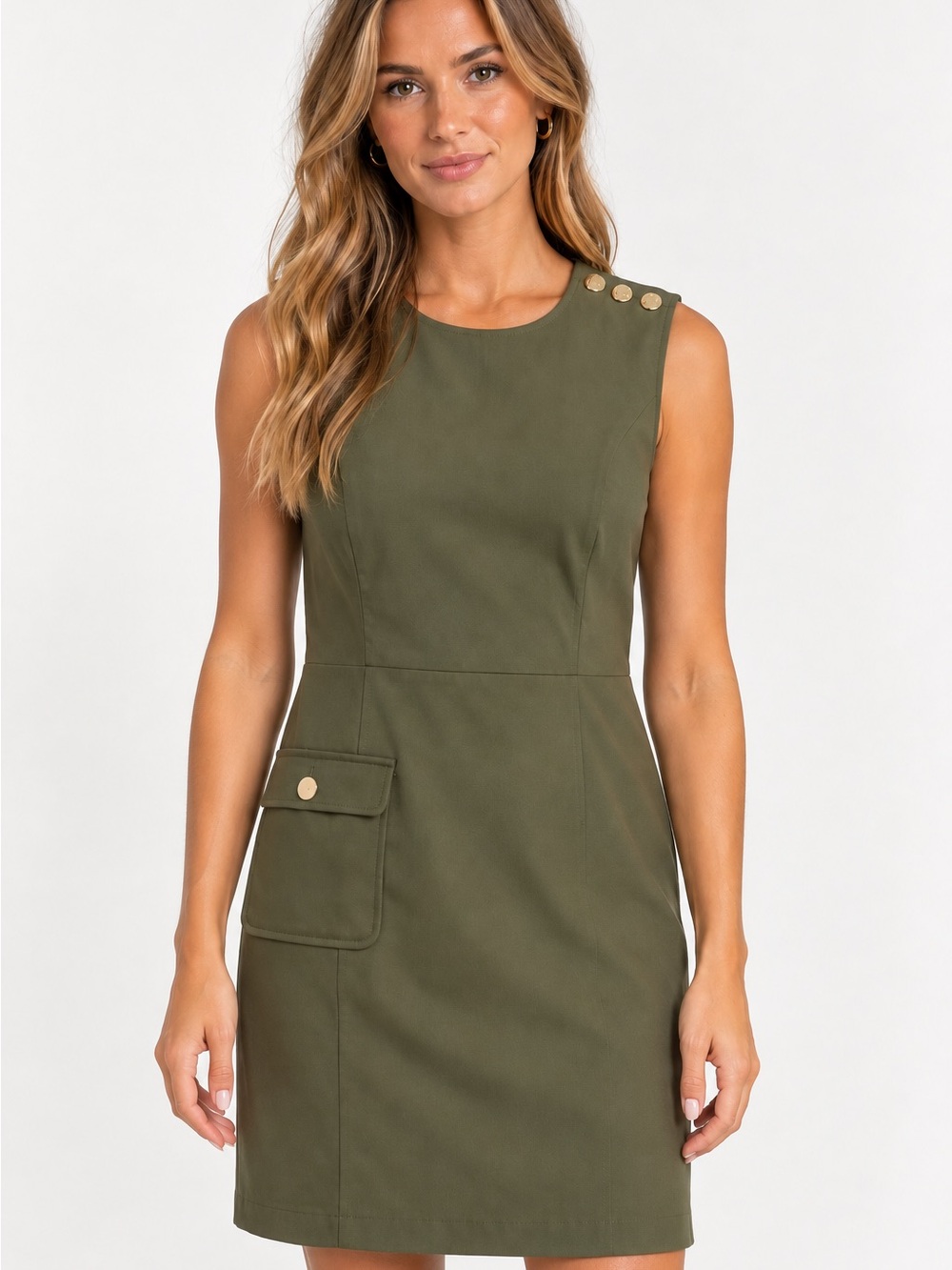 50. BCBG • NWOT Olive Green Sleeveless Sheath Dress with Gold Buttons